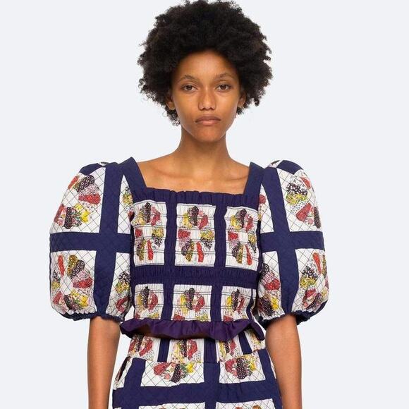 SEA NY Pippin Quilted Patchwork Puff Sleeve Smocked Tie-Back Top | Size 8 - Picture 1 of 8